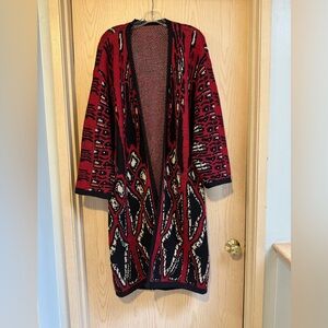 Vintage 80/90 Red White & Black Southwestern Geometric Duster Cardigan Sweater L